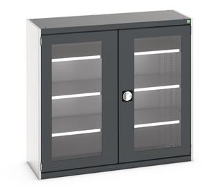 Bott Cubio Window Door Cupboard with lockable doors and clear perspex windows. External dimensions are 1300mm wide x 525mm deep x 1200mm high and the cupboard is supplied with 3 x 160kg capacity shelves.... Bott Cubio Window Clear Door Cupboards